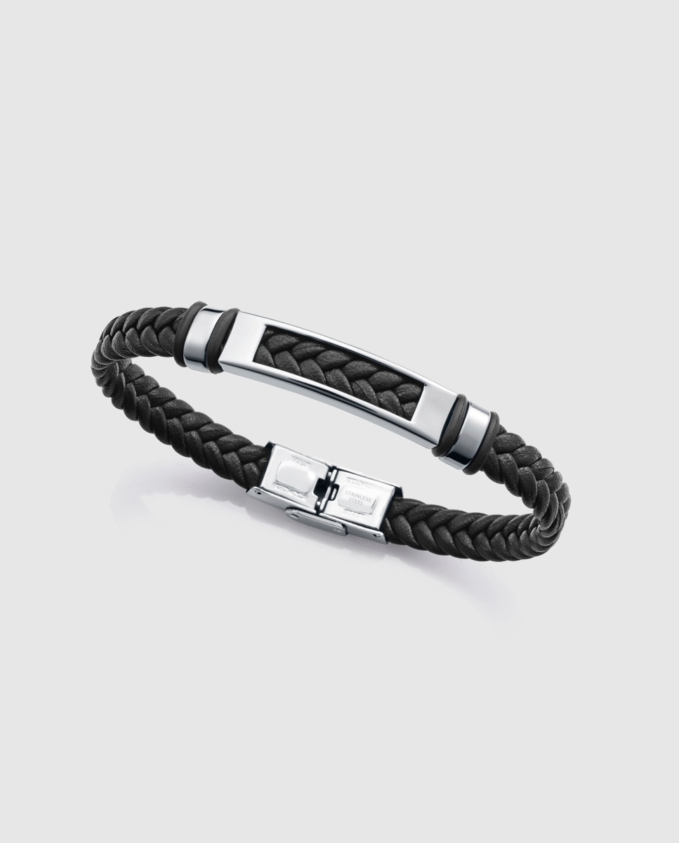 Pulseira de Aço, Pele e Silicone em Preto Preto / Prata-1