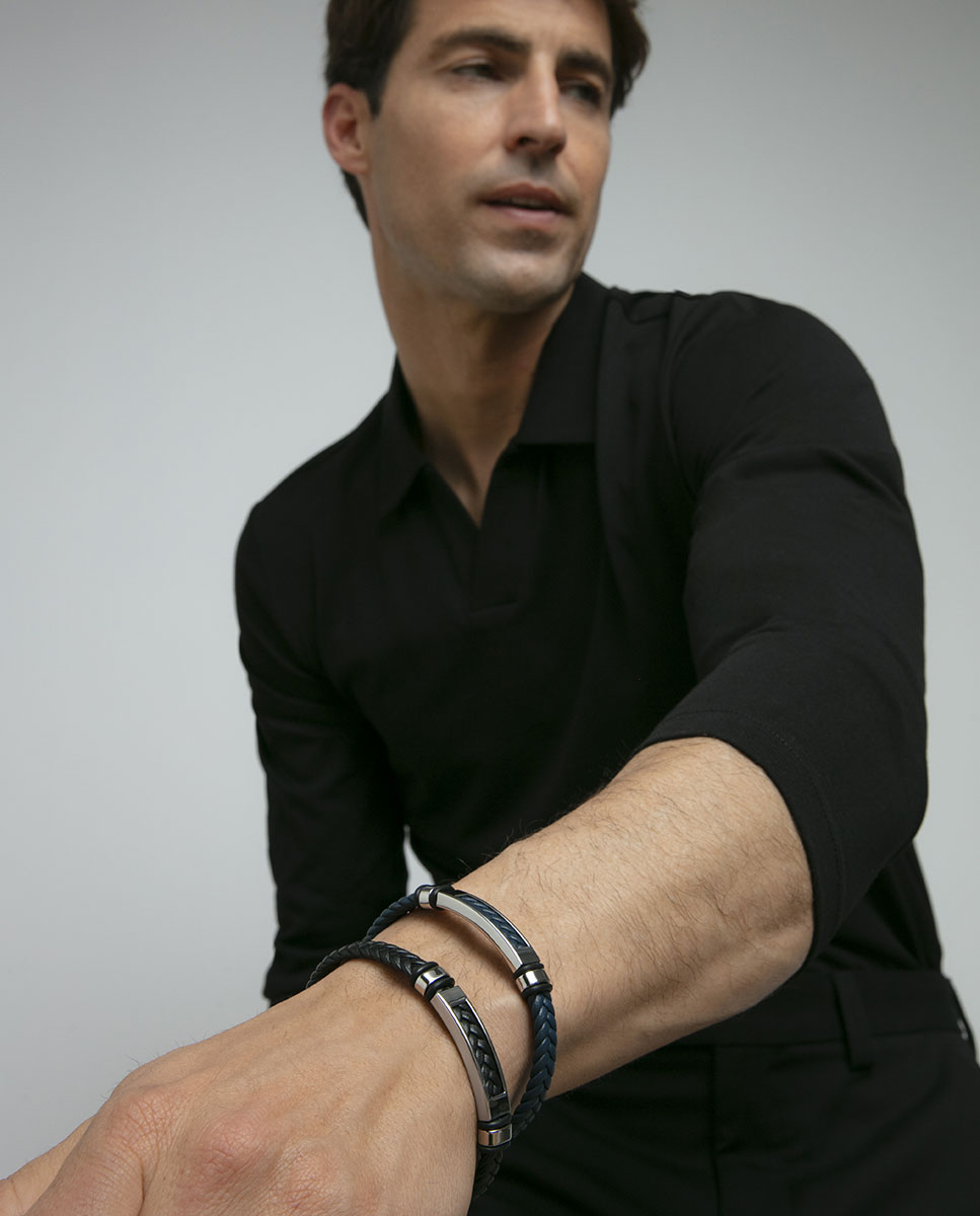 Pulseira de Aço, Pele e Silicone em Preto Preto / Prata-2