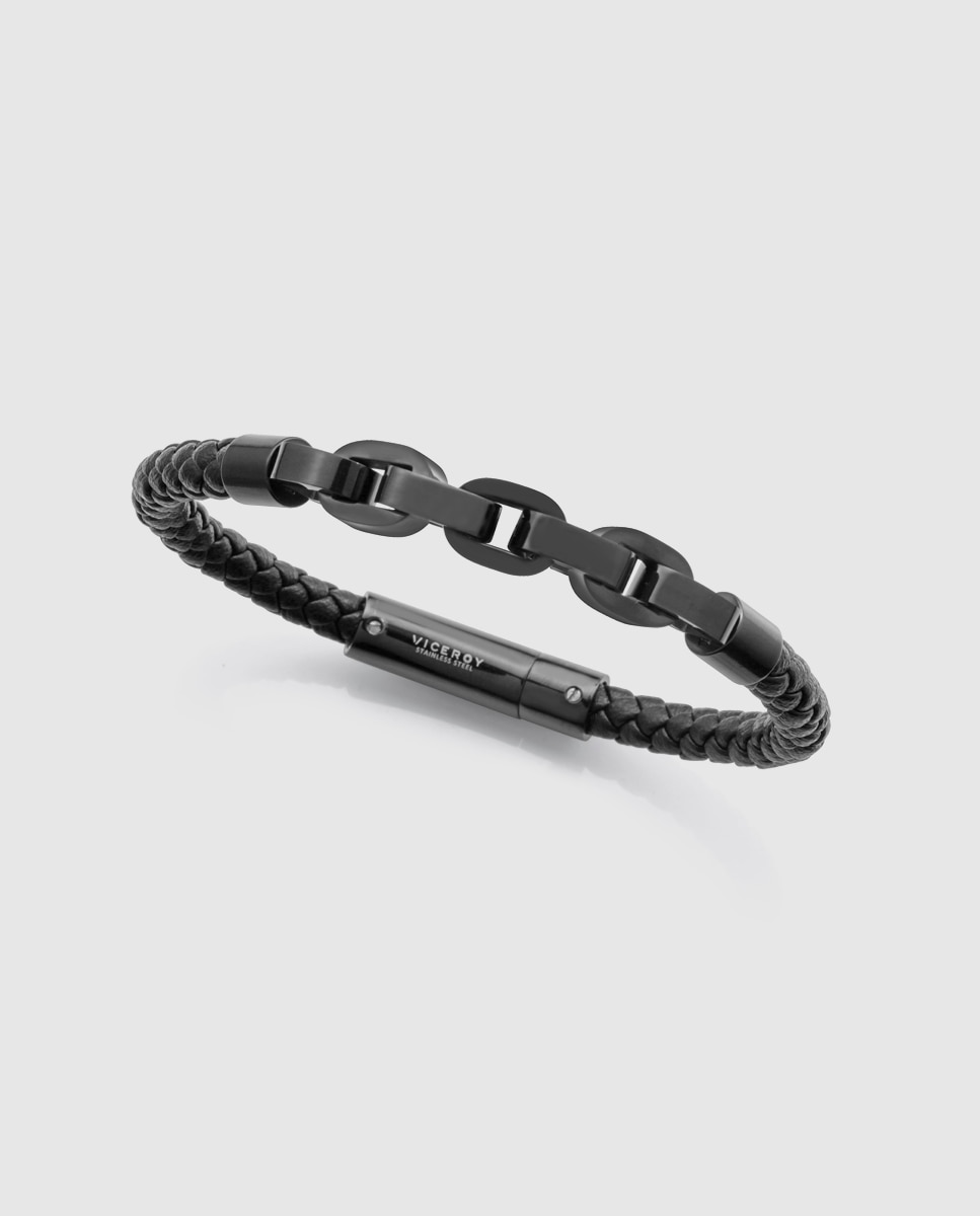 Pulseira de Aço Ip em Cinzento e Pele Entrançada em Preto Preto-1