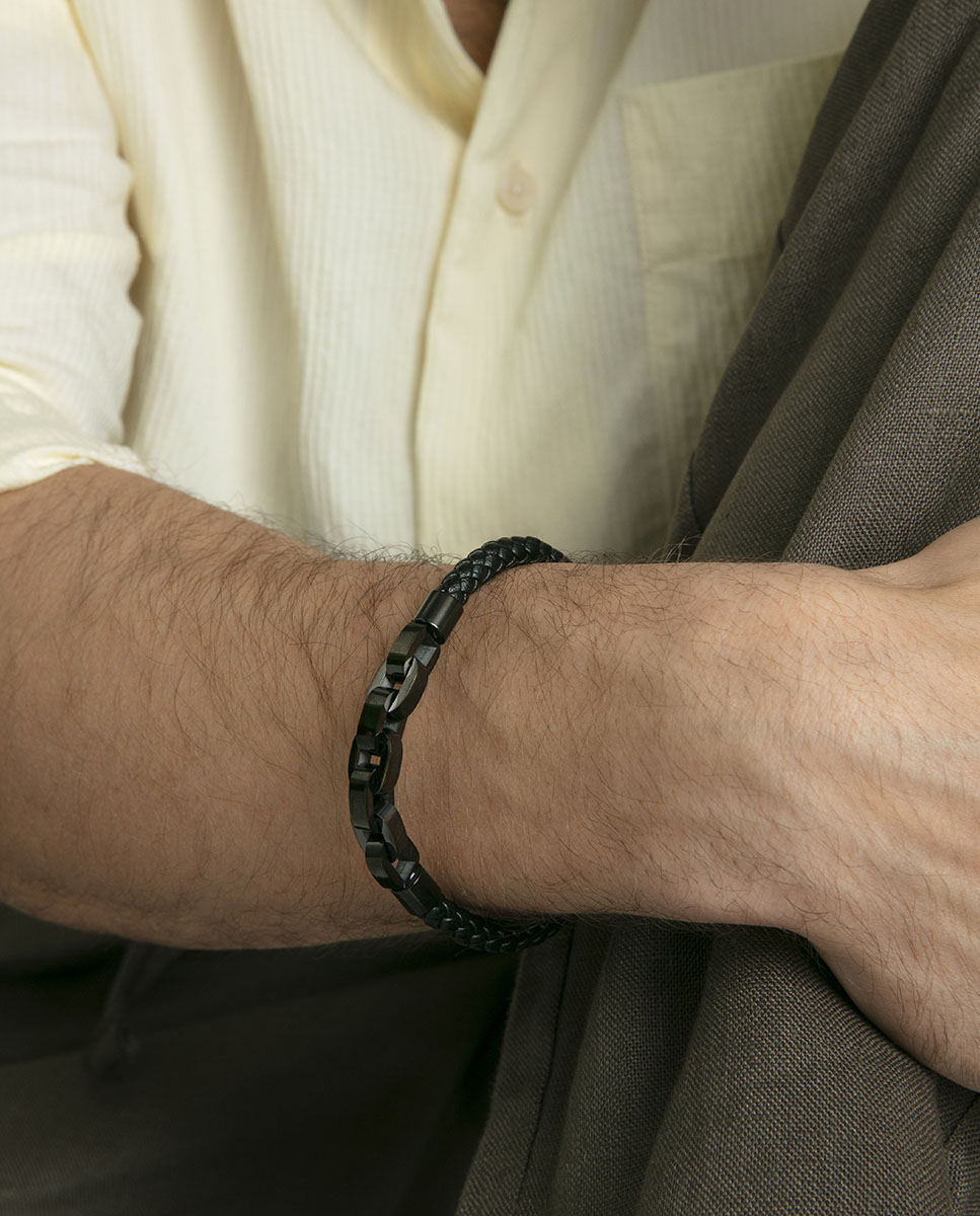 Pulseira de Aço Ip em Cinzento e Pele Entrançada em Preto Preto-2