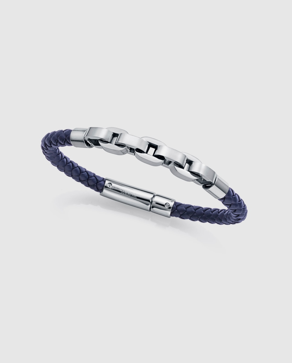 Pulseira de Aço e Pele Entrançada em Azul Azul / Preto-1