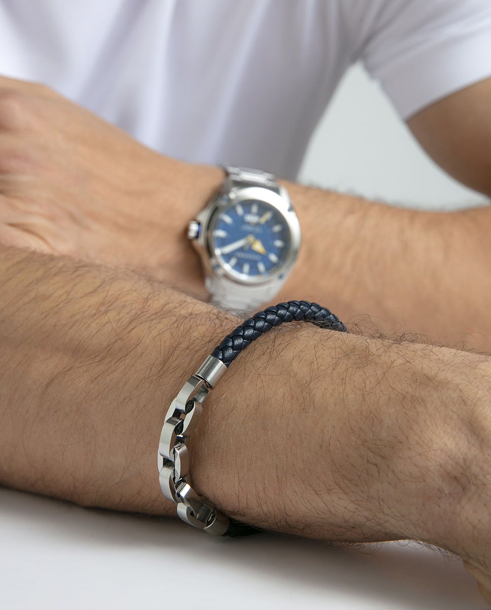Pulseira de Aço e Pele Entrançada em Azul Azul / Preto-2