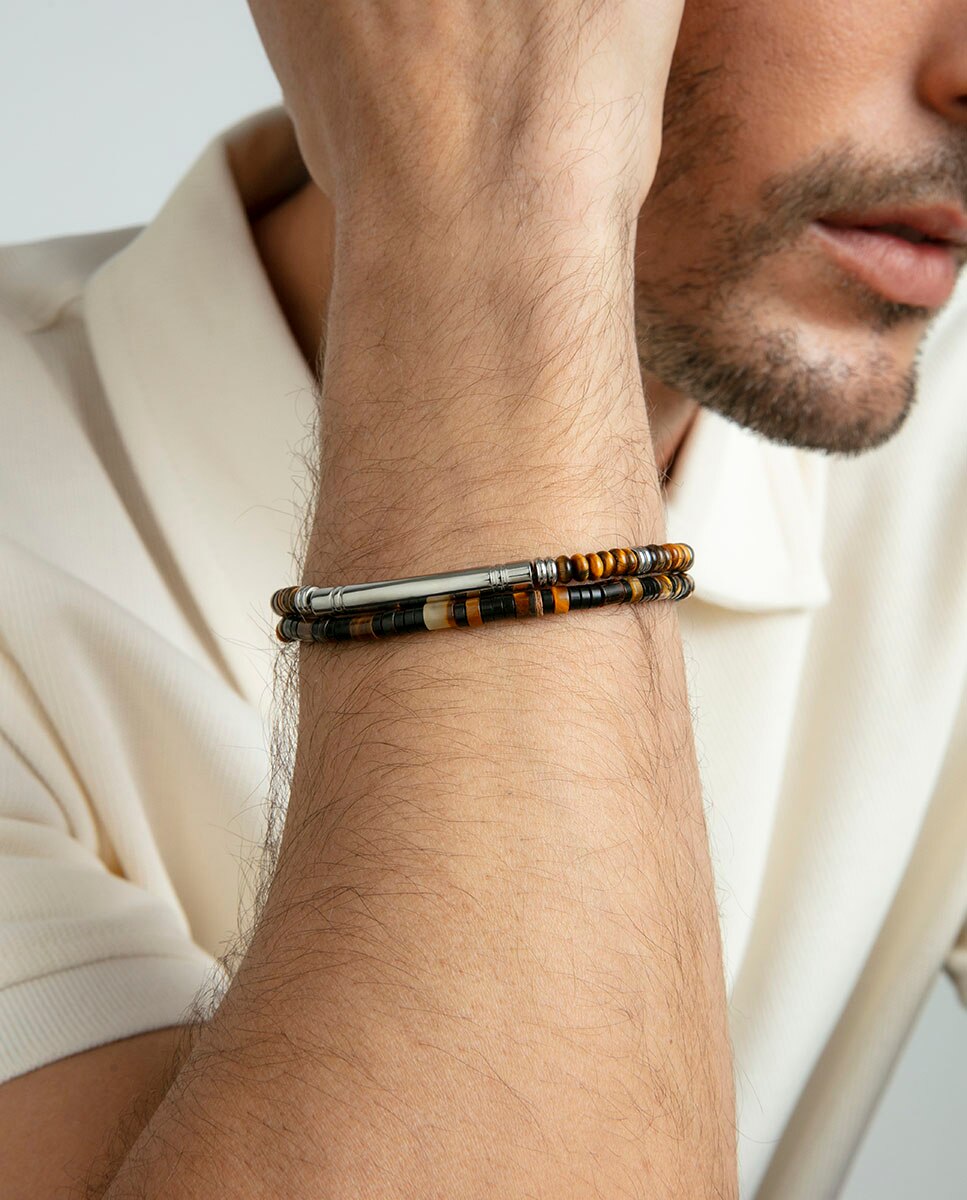 Pulseira de Aço Ip Preto com Pedras Naturais Multicolor-2