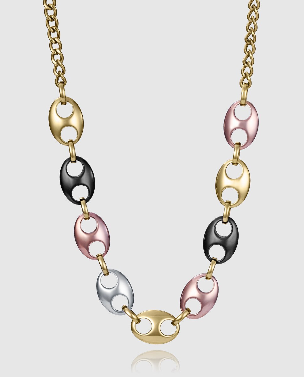 Colar de Aço Tipo Calabrote com Ip Dourado, Preto e Rosa Multicolor-1