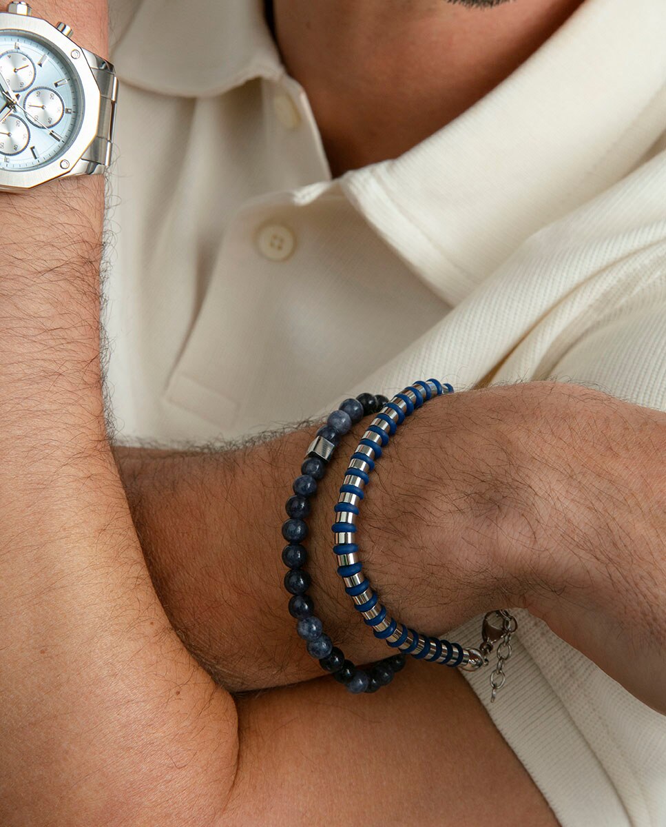 Pulseira de Aço e Pedras Naturais em Azul e Cinzento Azul / Cinzento-2