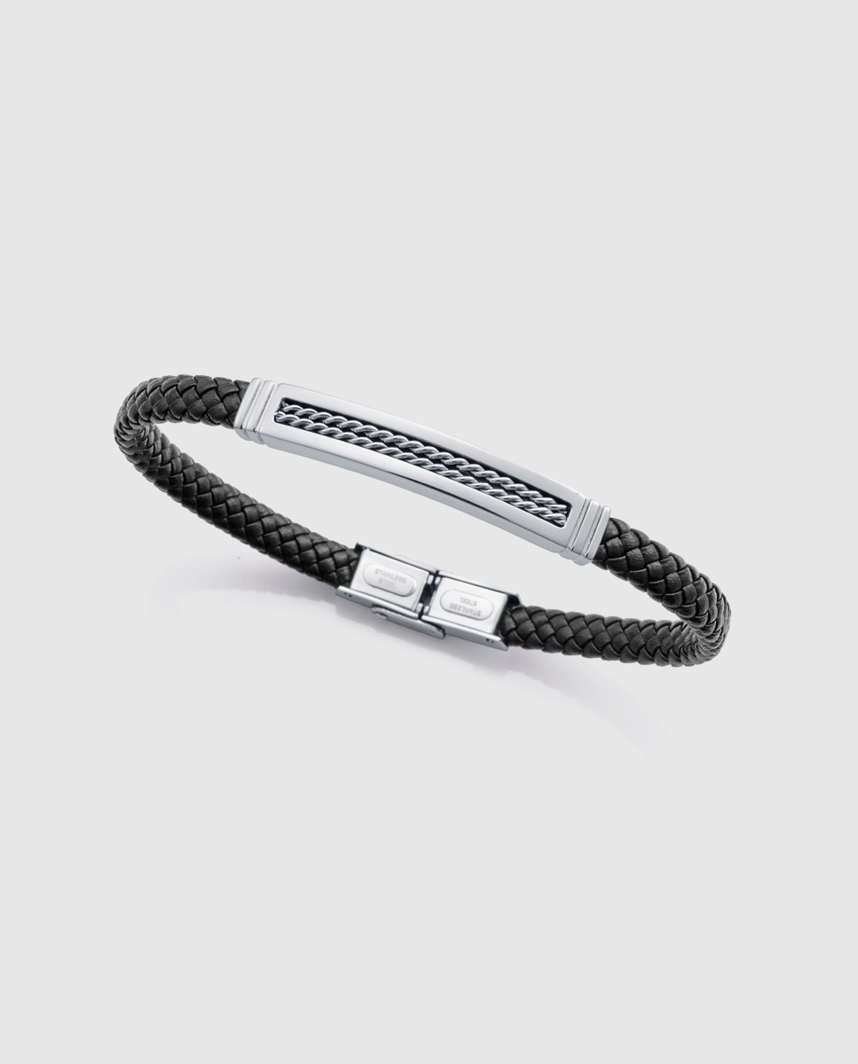 Pulseira de Aço e Pele Preta Preto / Prata-1