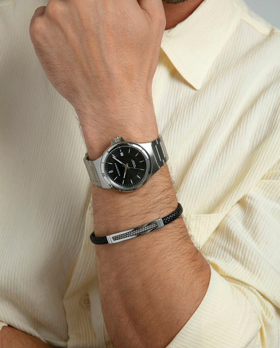 Pulseira de Aço e Pele Preta Preto / Prata-2