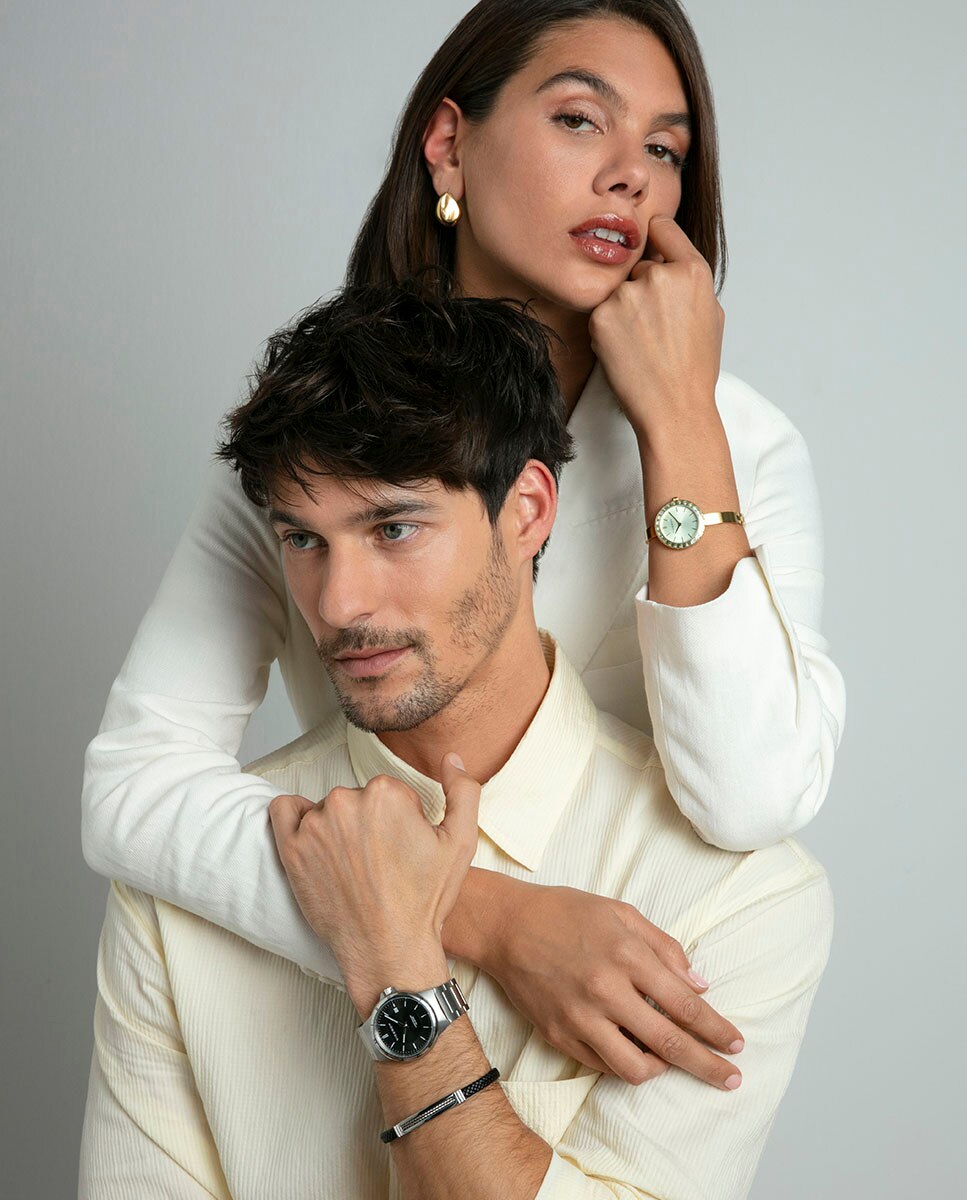 Pulseira de Aço e Pele Preta Preto / Prata-3