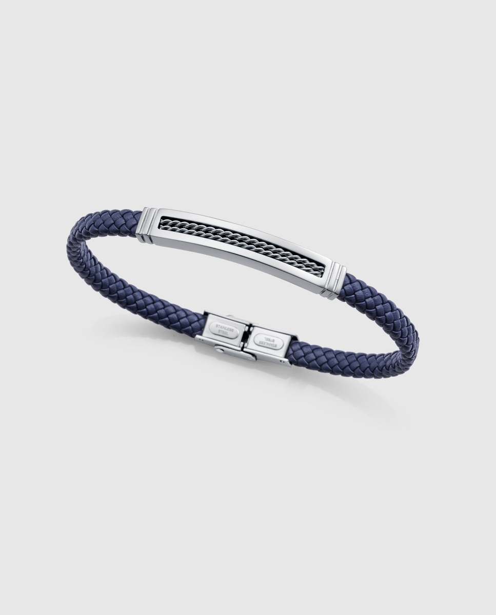 Pulseira de Aço e Pele Azul Azul / Cinzento-1