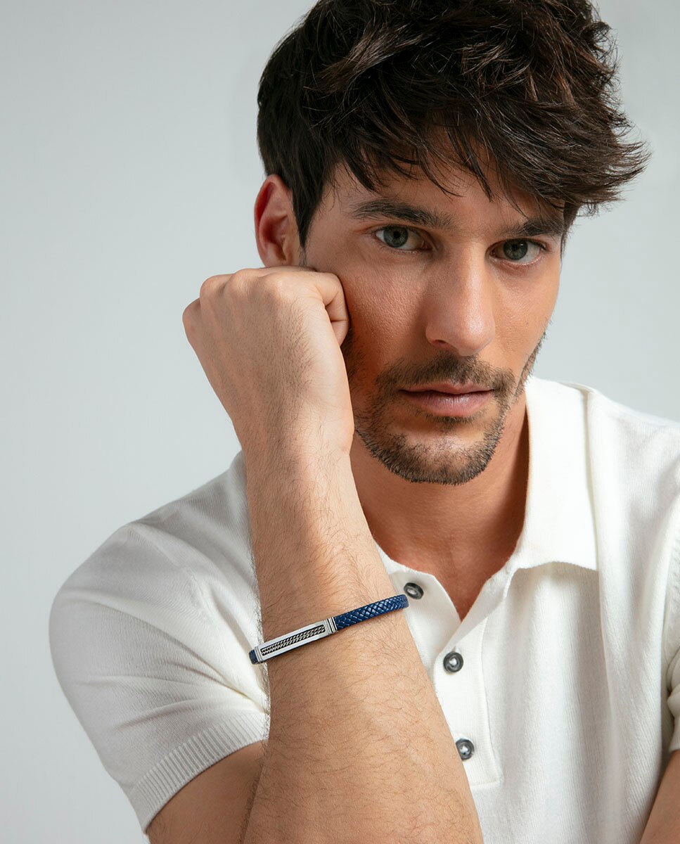 Pulseira de Aço e Pele Azul Azul / Cinzento-2
