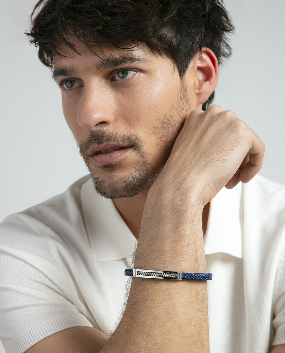 Pulseira de Aço e Pele Azul Azul / Cinzento-3