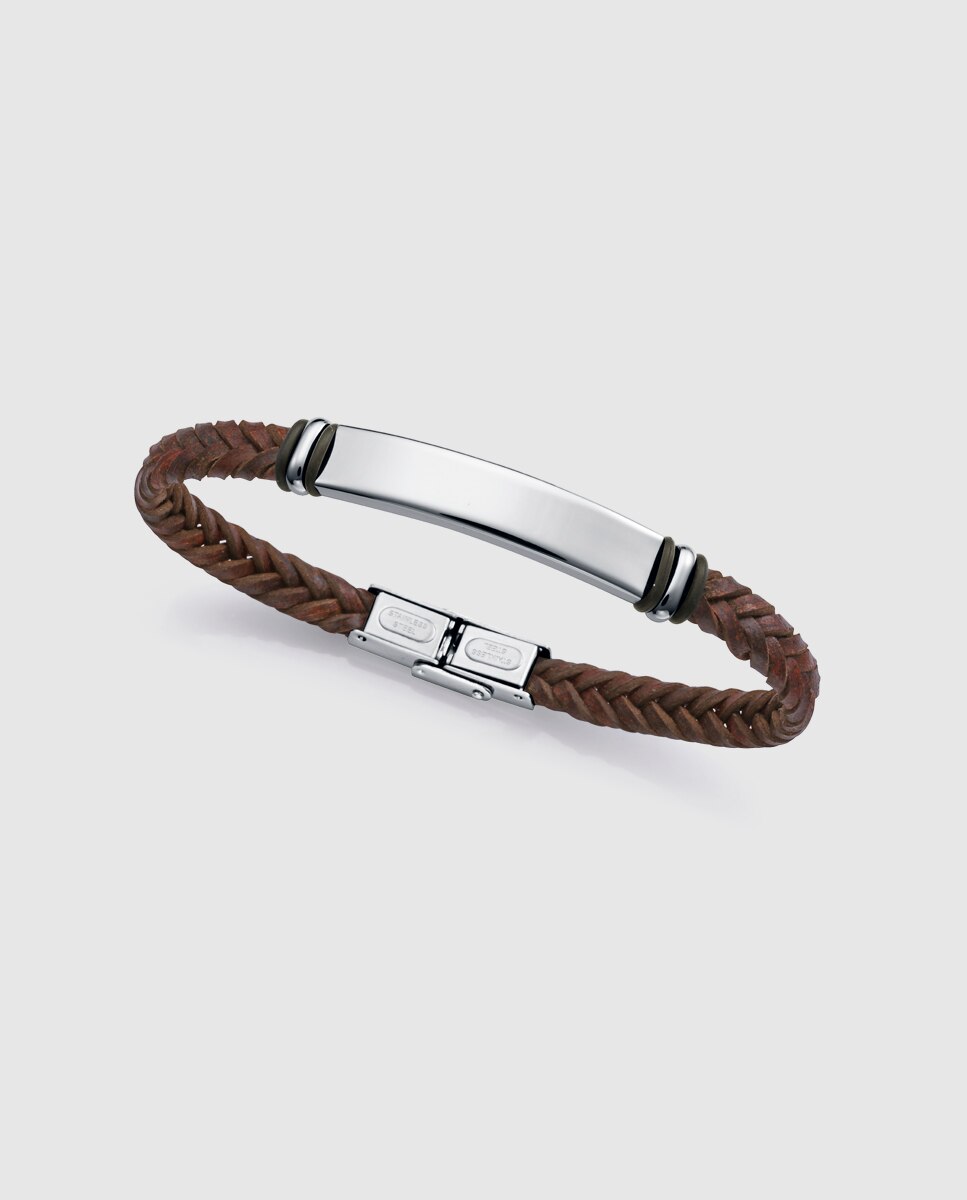 Pulseira de Aço e Pele Castanha Castanho-1