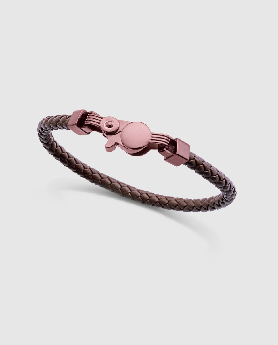 Pulseira de Aço Ip Castanho e Pele Castanha Entrançada Castanho-1