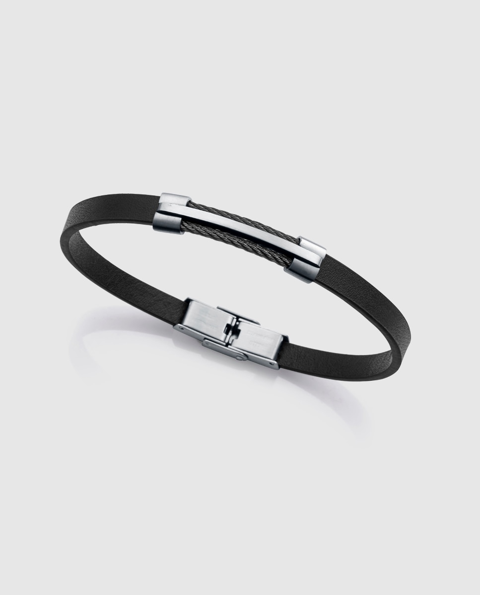 Pulseira de Aço e Pele Preta Preto-1