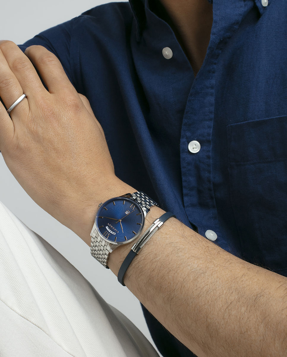Pulseira de Aço e Pele Azul Azul-2