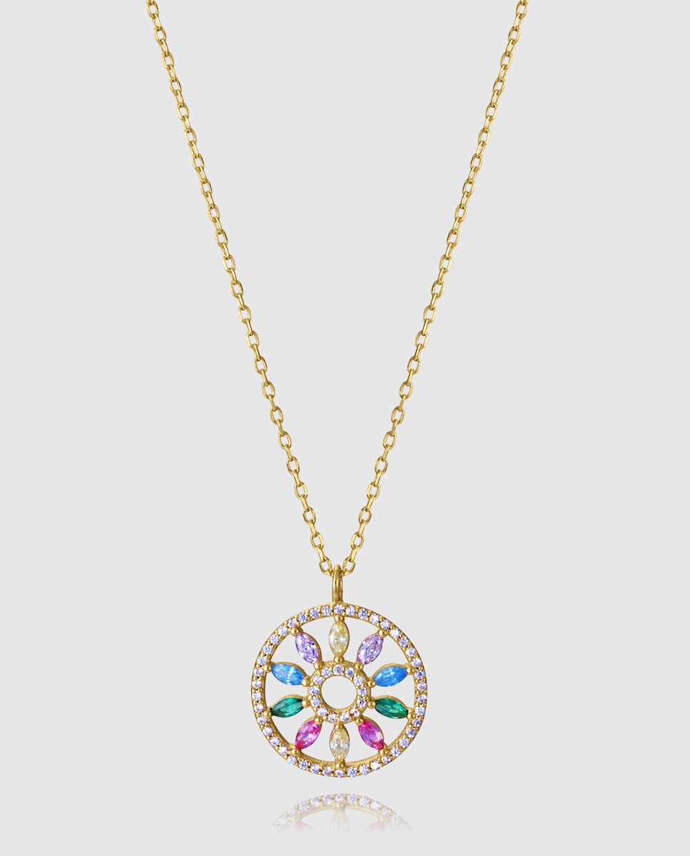 Corrente com Pendentes de Prata de Primeira Lei com Banho de Ouro e Disco Pendente Multicolor-1