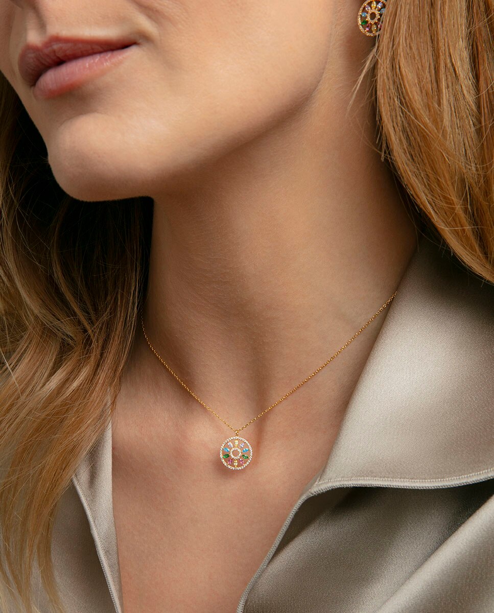 Corrente com Pendentes de Prata de Primeira Lei com Banho de Ouro e Disco Pendente Multicolor-2