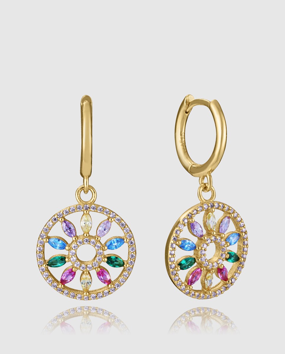 Brincos de Prata de Primeira Lei com Banho de Ouro e Disco Pendente Multicolor-1