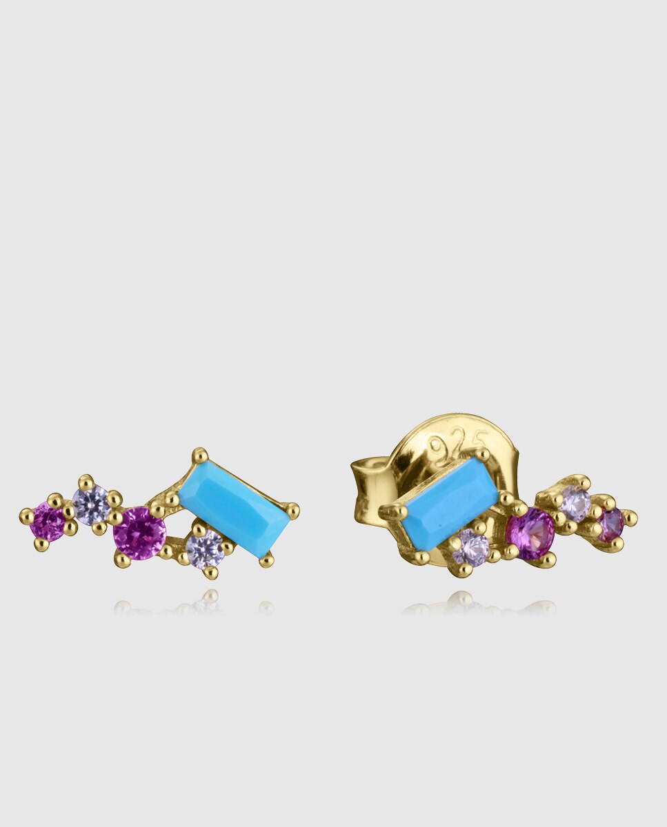 Brincos de Prata de Primeira Lei com Banho de Ouro e Zirconitas Multicolor-1