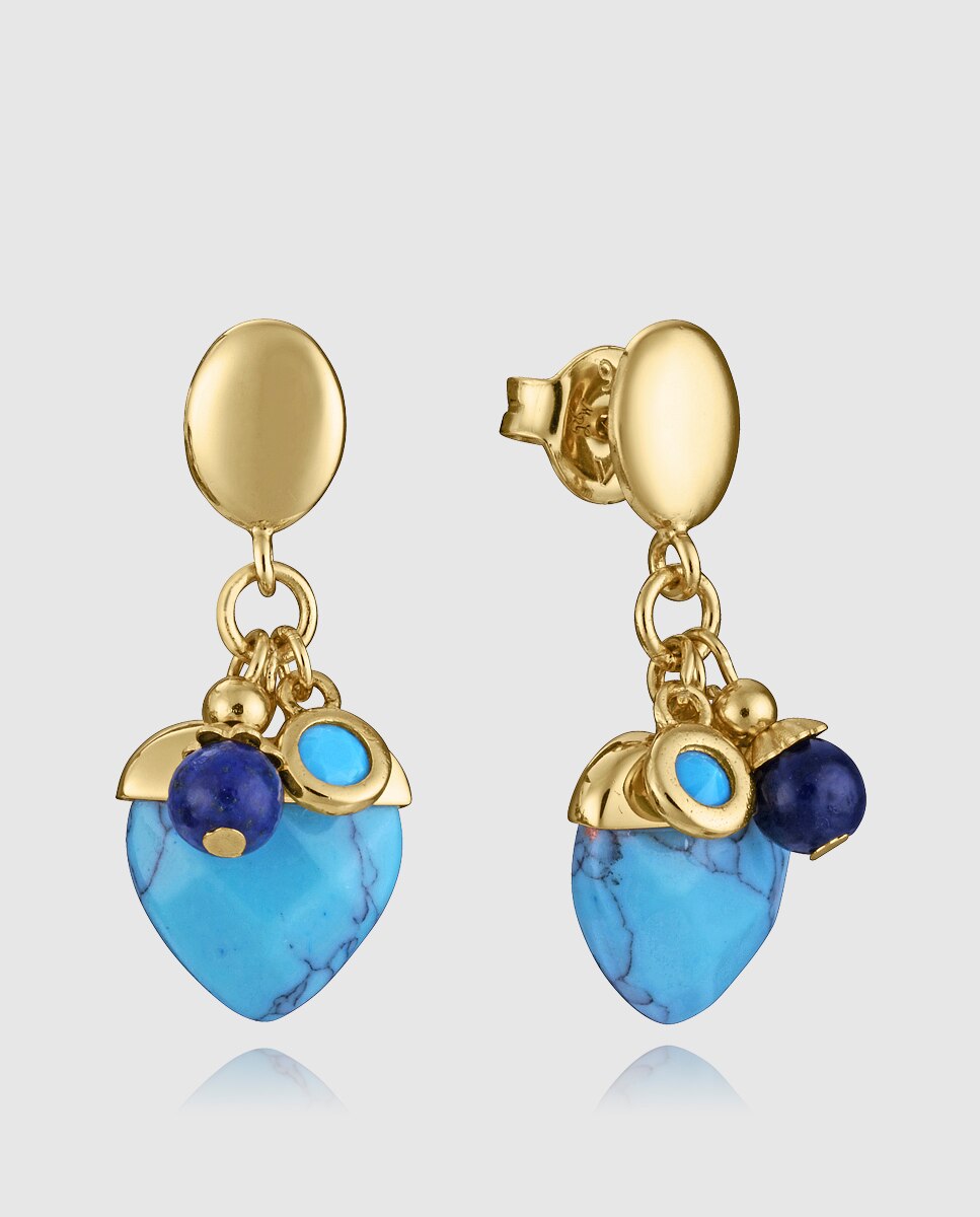 Brincos de Prata de Primeira Lei com Banho de Ouro, Pendente com Pedras Azul-turquesa-1