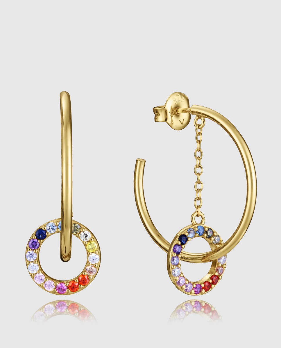 Brincos de Prata de Primeira Lei com Banho de Ouro, Argola Aberta Multicolor-1