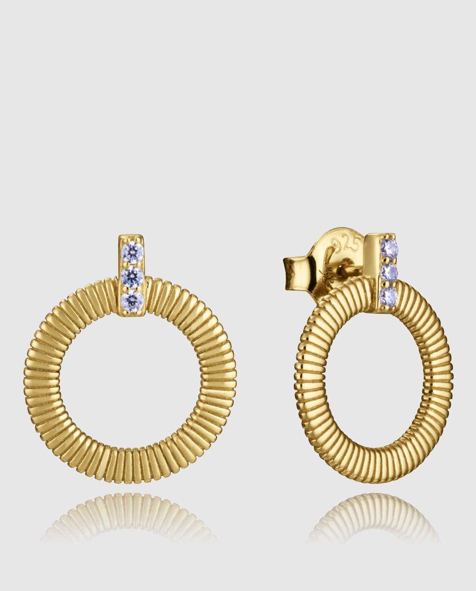 Brincos de Prata de Primeira Lei com Banho de Ouro e Fila de Zircônias Dourado-1