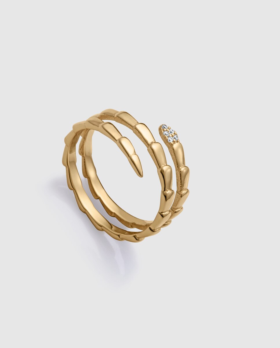 Anel de Prata de Lei com Banho de Ouro, Serpente Dupla Volta Dourado-1