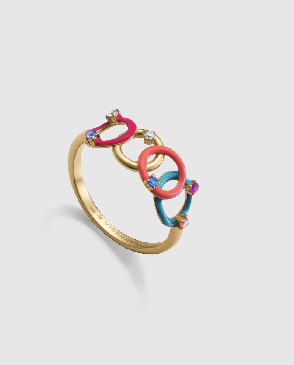 Anel de Prata de Primeira Lei com Banho de Ouro e Círculos Multicolor-1