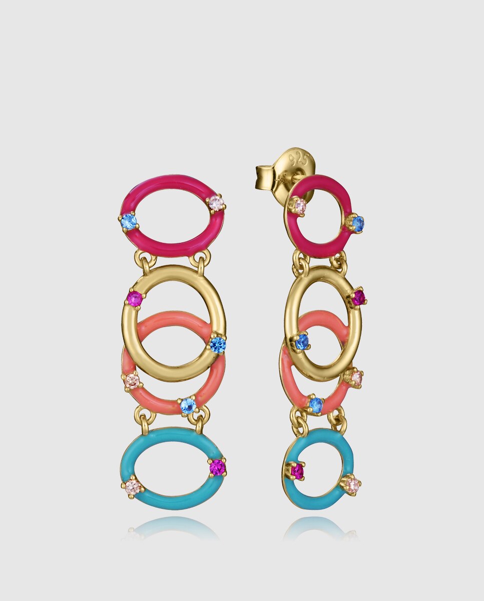Brincos de Prata de Primeira Lei com Banho de Ouro e Círculos Pendentes Multicolor-1