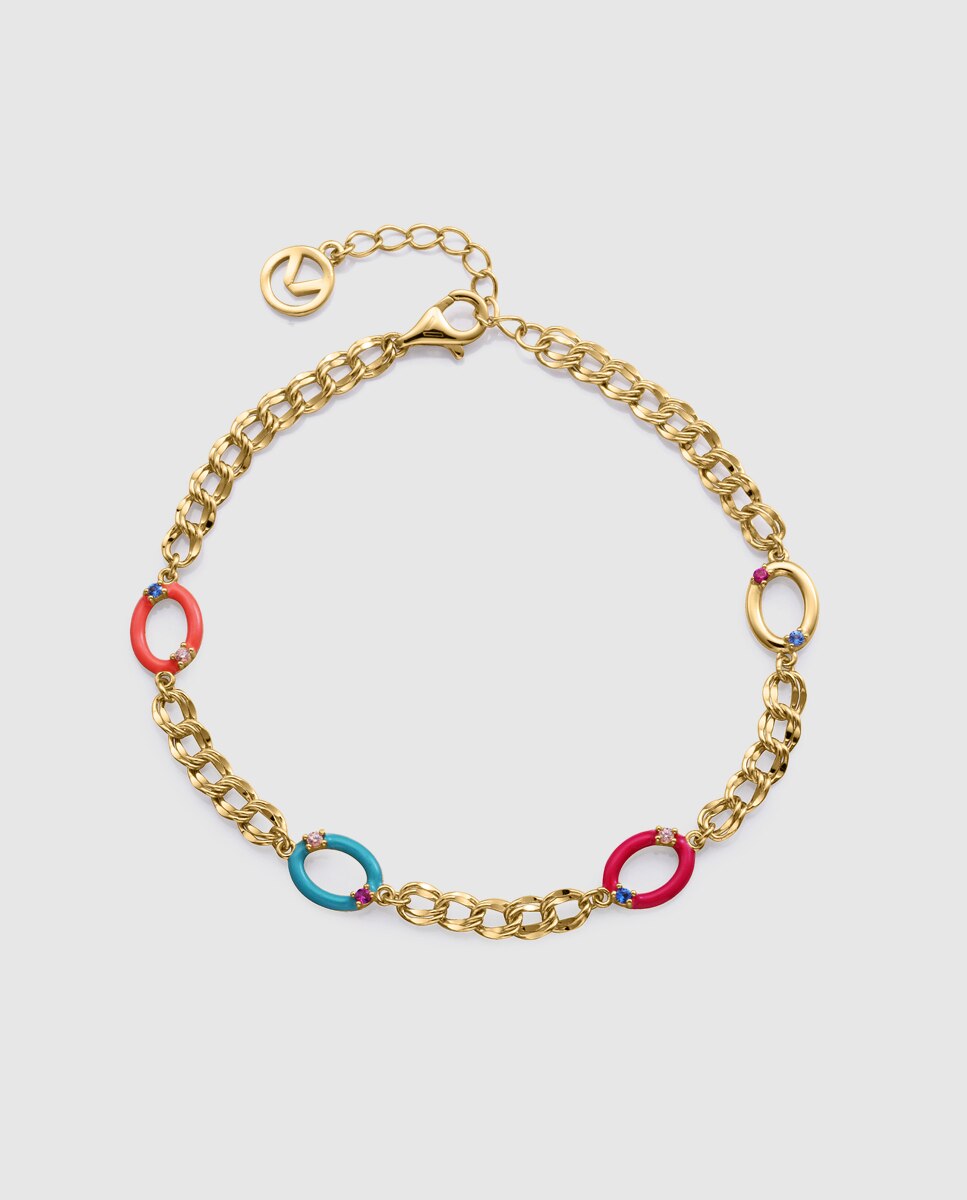 Pulseira de Elos de Prata de Primeira Lei com Banho de Ouro e Círculos Multicolor-1