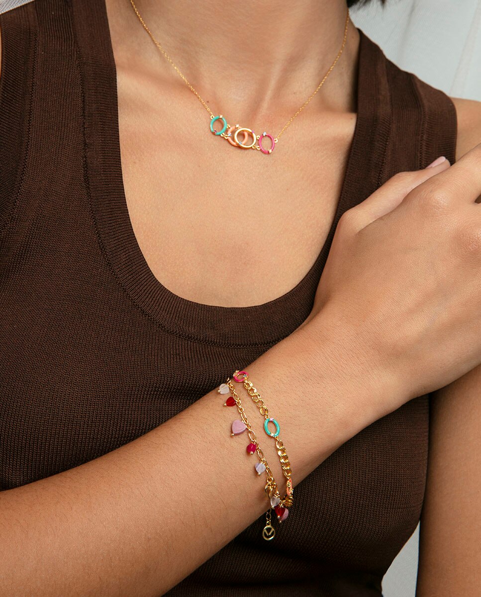 Pulseira de Elos de Prata de Primeira Lei com Banho de Ouro e Círculos Multicolor-2