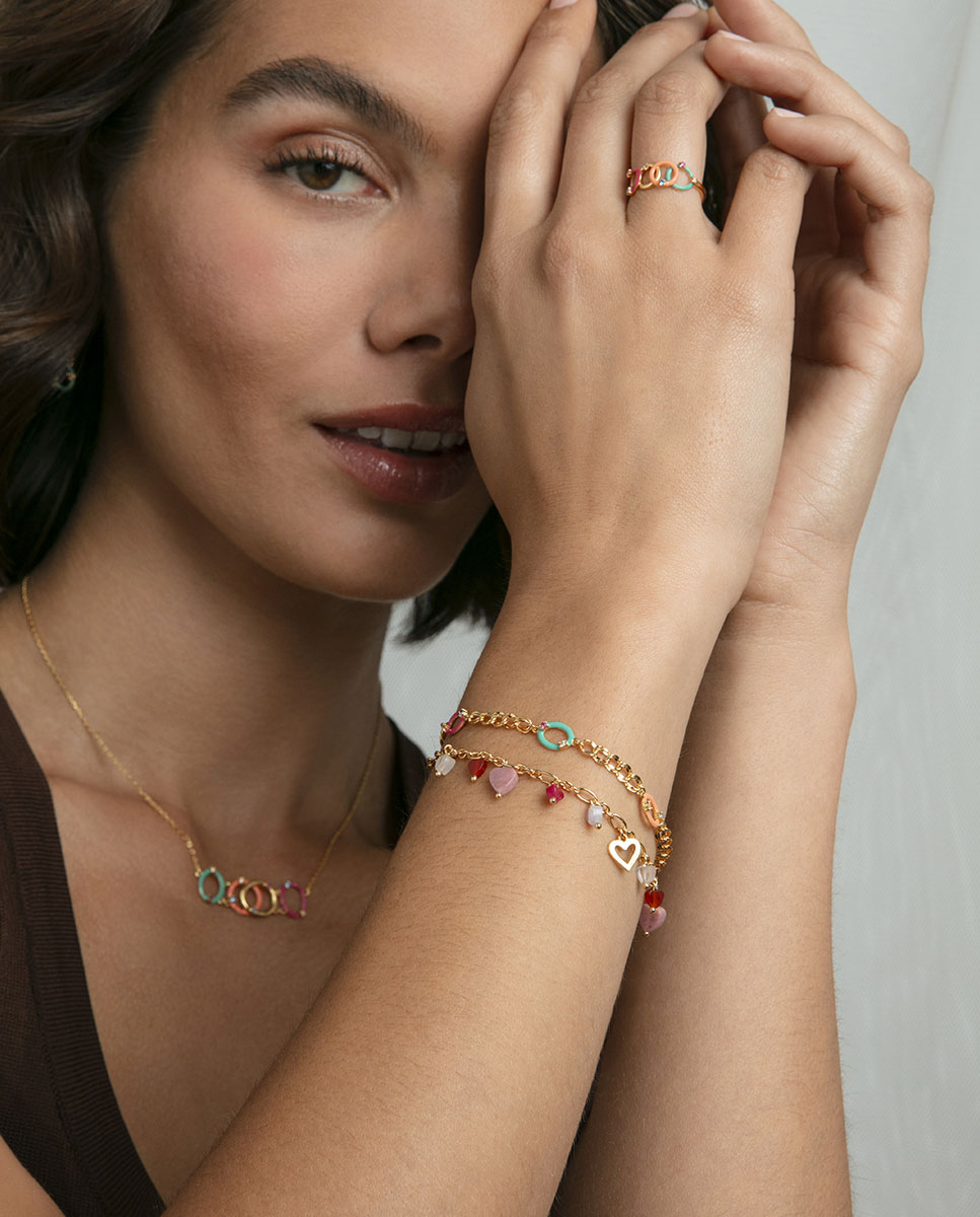 Pulseira de Elos de Prata de Primeira Lei com Banho de Ouro e Círculos Multicolor-3