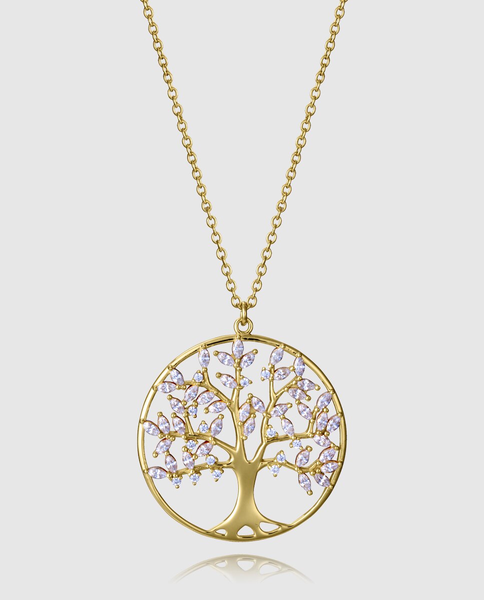 Corrente com Pendentes de Prata de Primeira Lei com Banho de Ouro e Pendentes de Árvore Da Vida Dourado-1