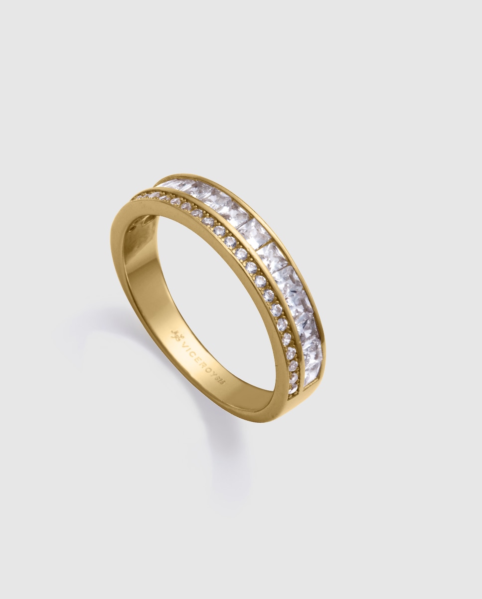 Anel de Prata de Primeira Lei com Banho de Ouro e Zirconitas Dourado-1