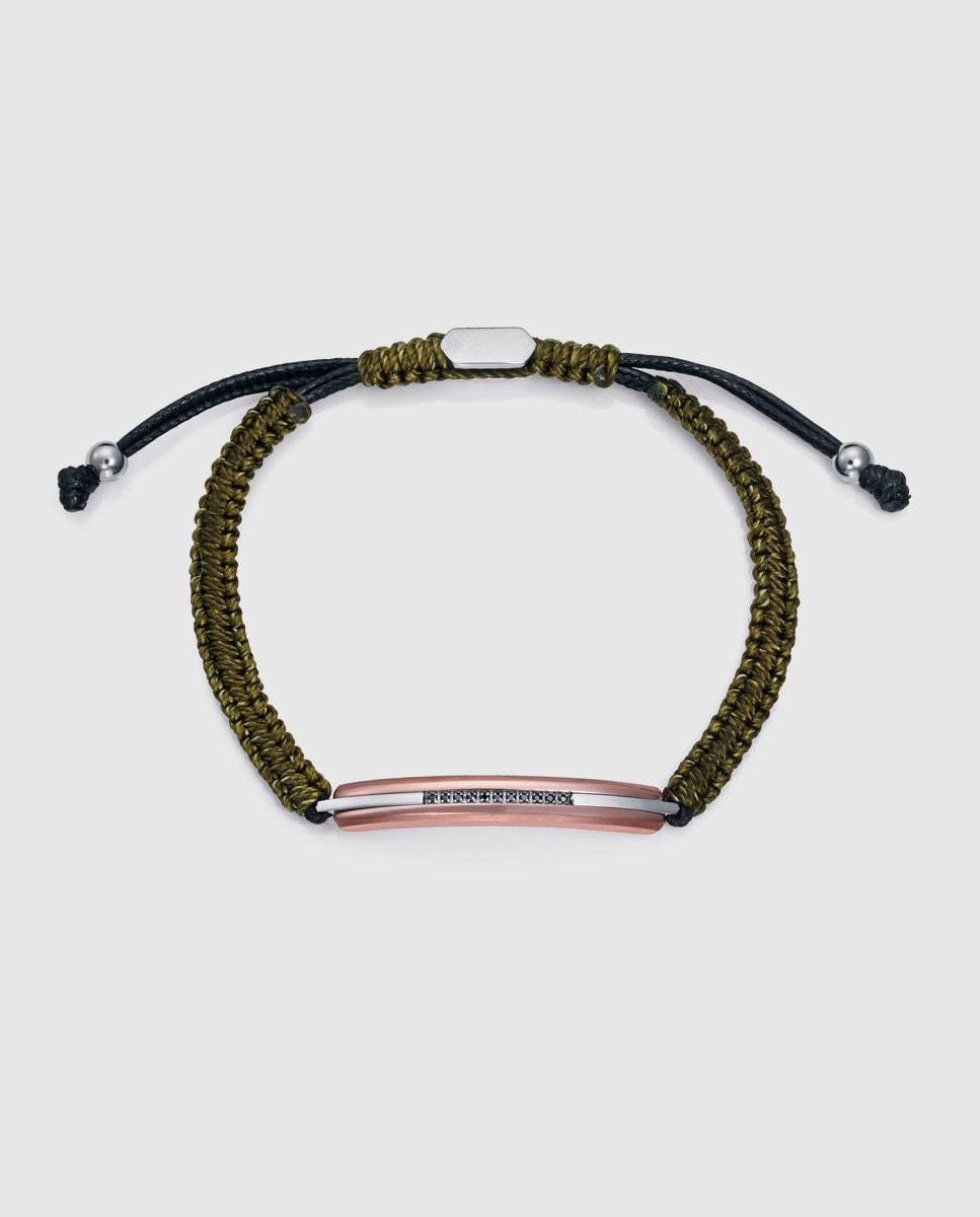 Pulseira de Aço Ip Rosa com Cordão Verde e Zircónias Multicolor-1
