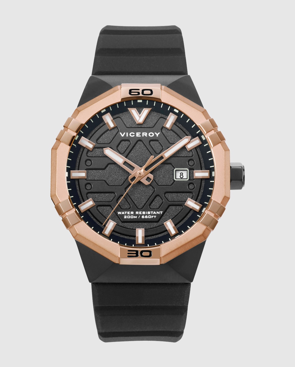 Relógio Analógico Neo com Caixa Bicolor de Aço Ip Preto e Ip Rosa e Bracelete de Silicone Preta Preto-1