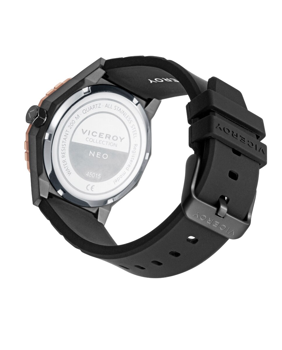 Relógio Analógico Neo com Caixa Bicolor de Aço Ip Preto e Ip Rosa e Bracelete de Silicone Preta Preto-2