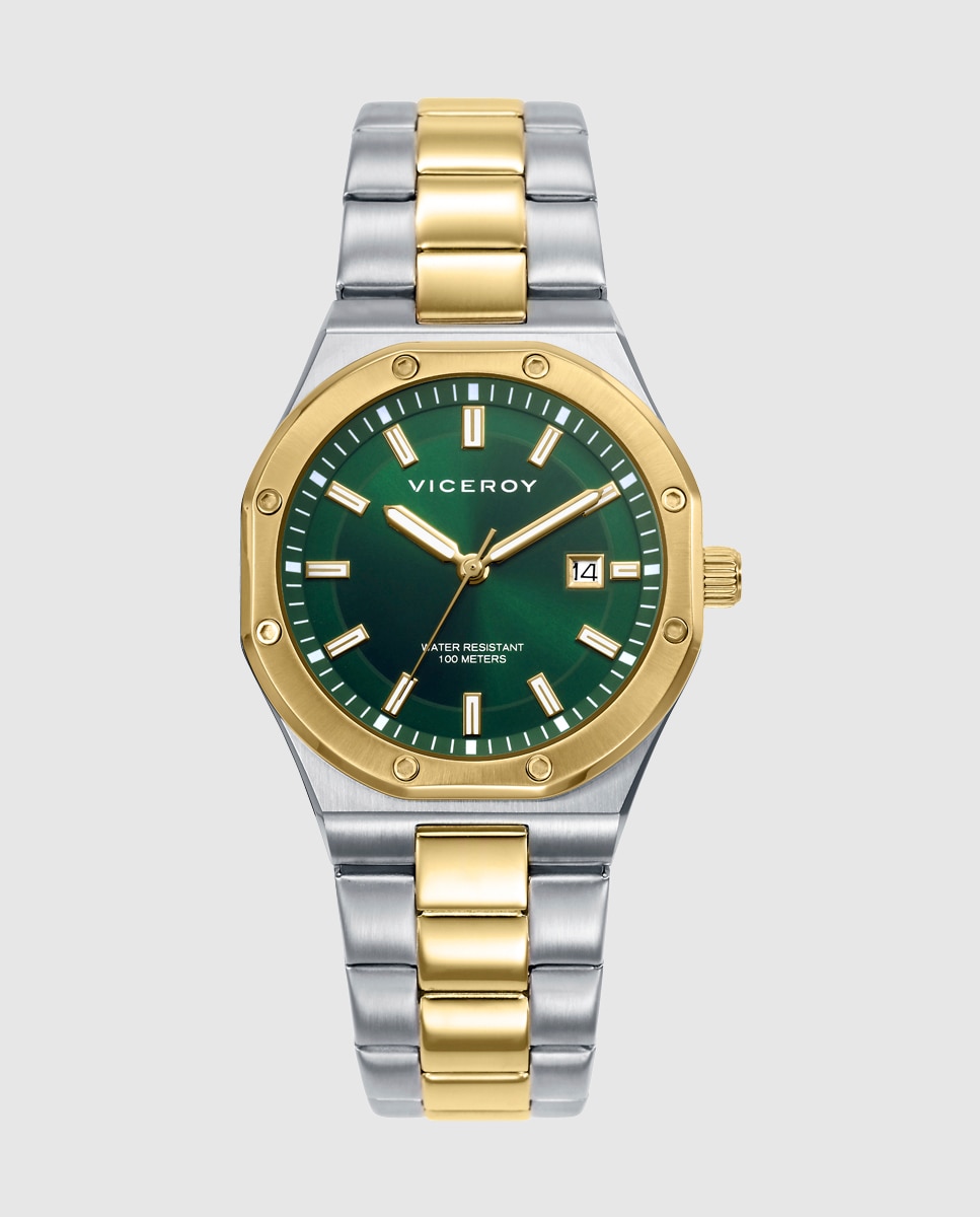 Relógio Analógico com Caixa e Bracelete Bicolor de Aço e Ip Dourado Verde-1