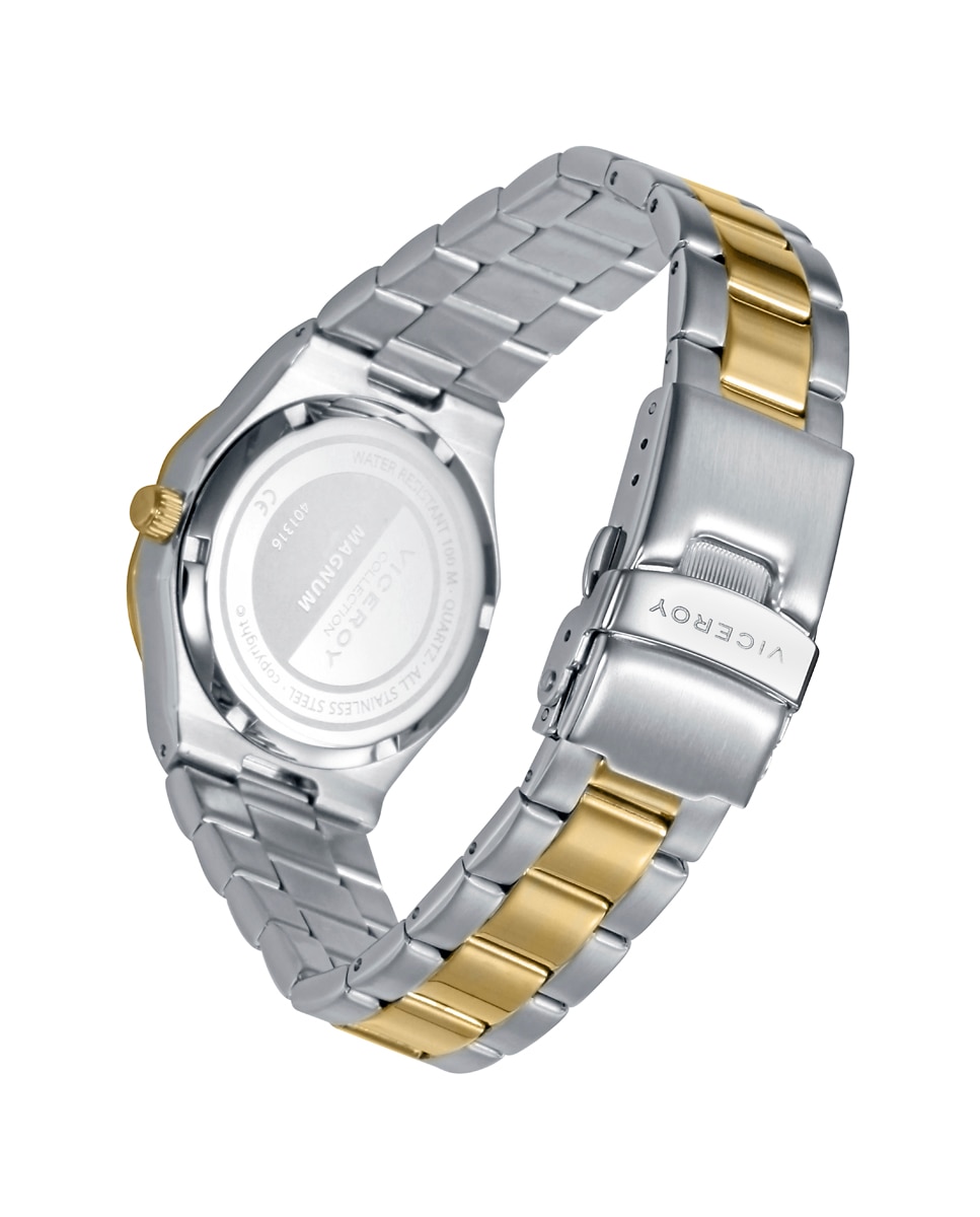 Relógio Analógico com Caixa e Bracelete Bicolor de Aço e Ip Dourado Verde-2