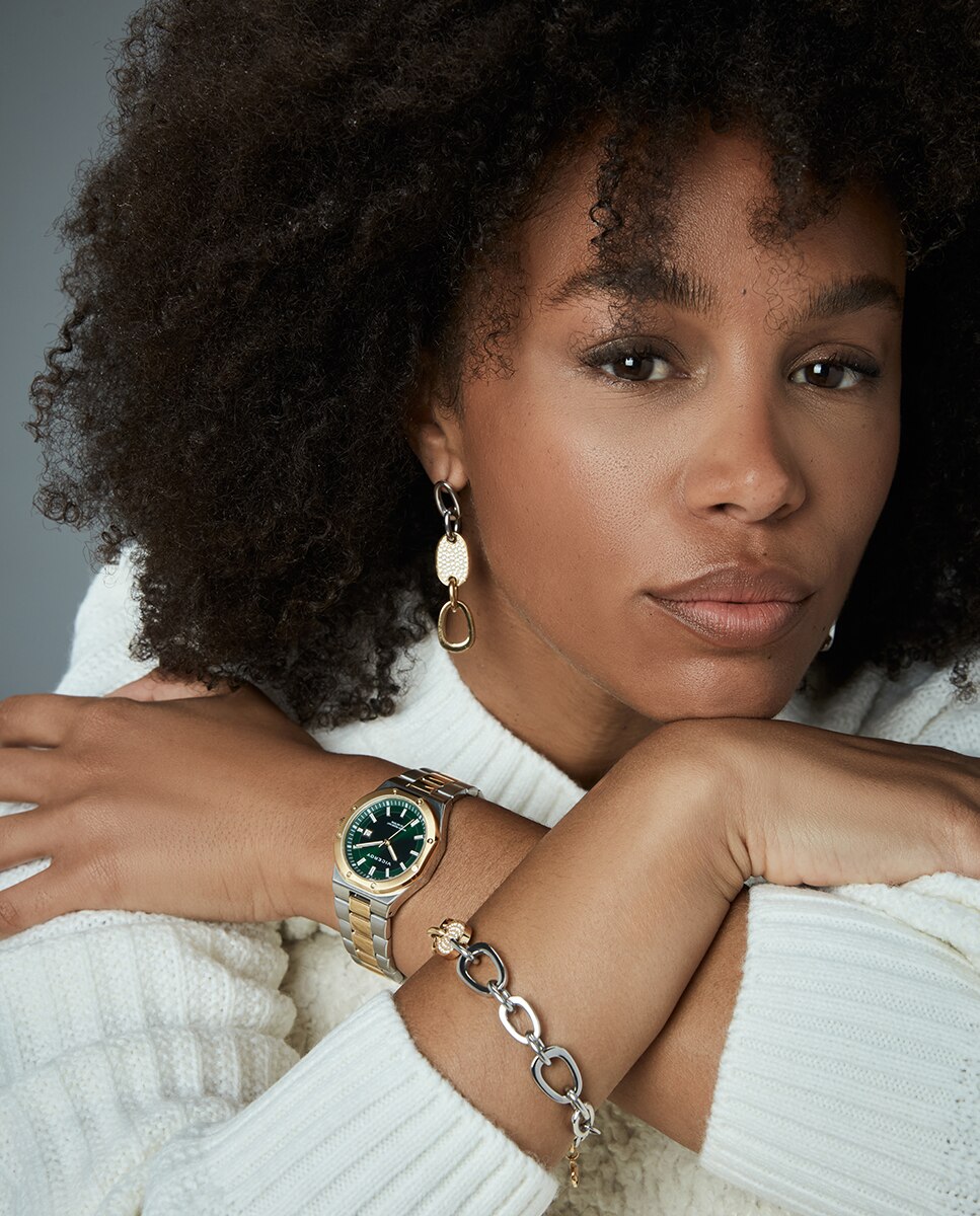 Relógio Analógico com Caixa e Bracelete Bicolor de Aço e Ip Dourado Verde-4