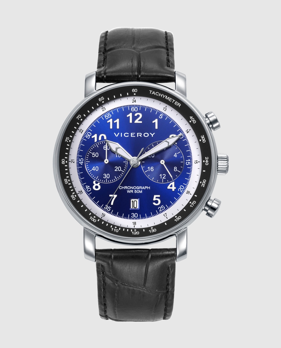Relógio Analógico com Caixa de Aço e Bracelete de Pele em Preto Azul / Preto-1