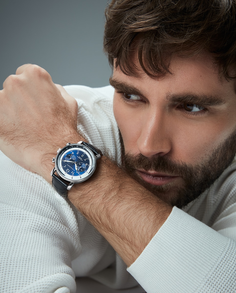 Relógio Analógico com Caixa de Aço e Bracelete de Pele em Preto Azul / Preto-3