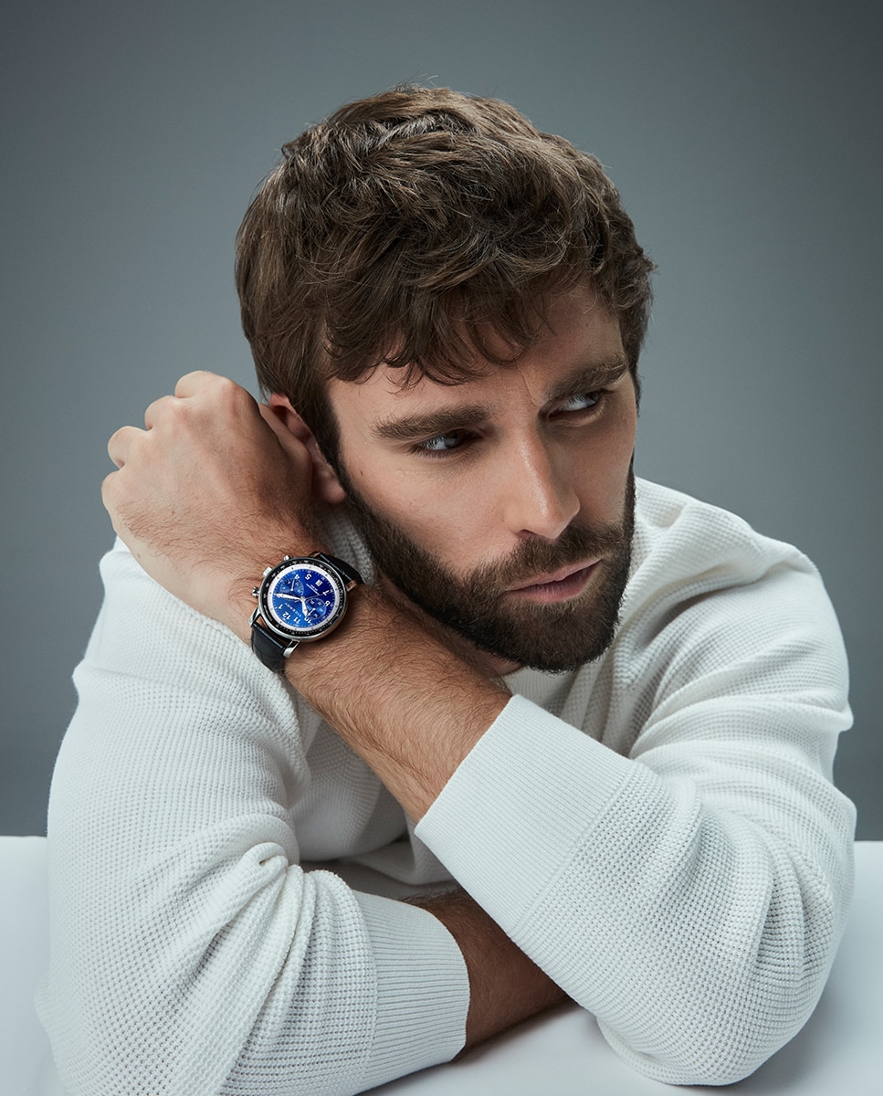 Relógio Analógico com Caixa de Aço e Bracelete de Pele em Preto Azul / Preto-4