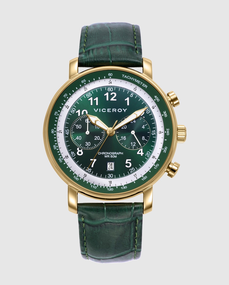 Relógio Analógico com Caixa de Aço Ip Dourado e Bracelete de Pele Verde Verde-1