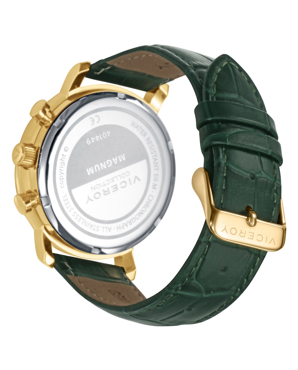 Relógio Analógico com Caixa de Aço Ip Dourado e Bracelete de Pele Verde Verde-2