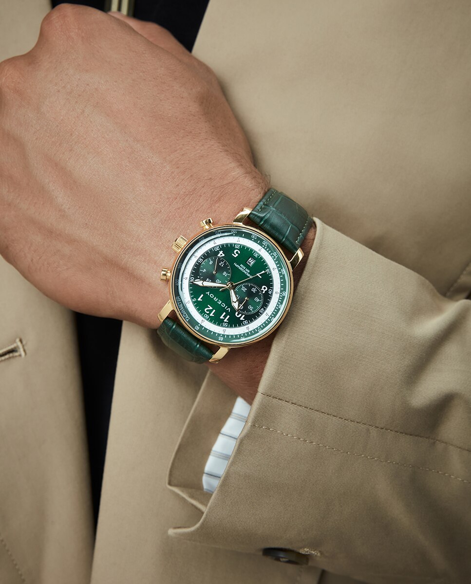 Relógio Analógico com Caixa de Aço Ip Dourado e Bracelete de Pele Verde Verde-3
