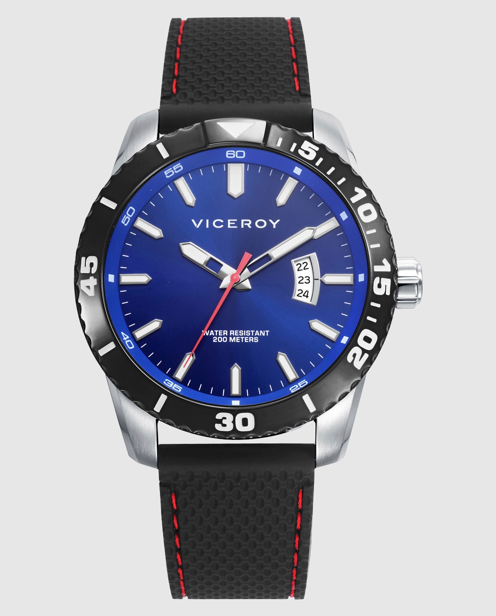 Relógio Analógico com Caixa Bicolor de Aço e Ip Preto com Bracelete de Silicone em Preto Azul / Preto-1