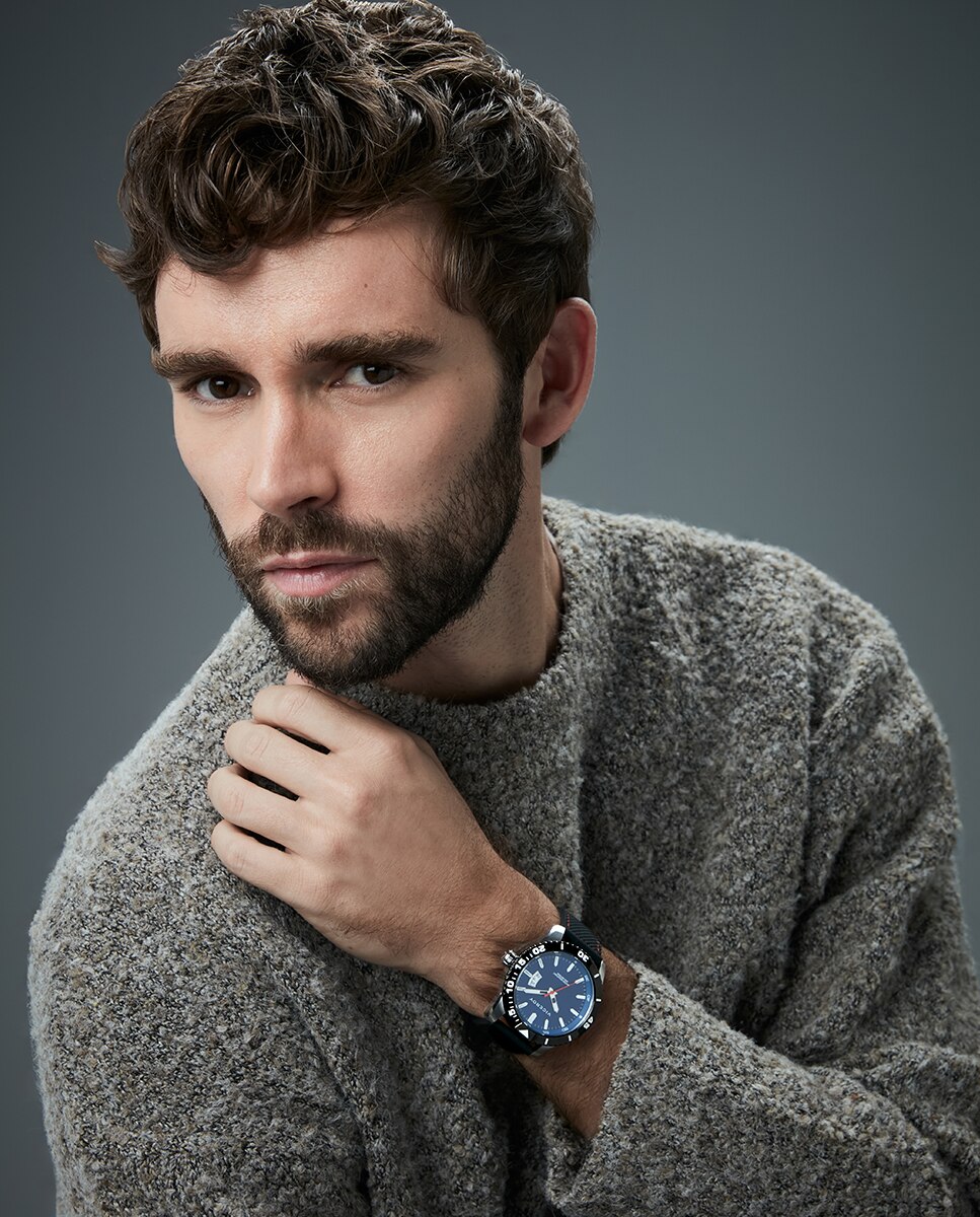 Relógio Analógico com Caixa Bicolor de Aço e Ip Preto com Bracelete de Silicone em Preto Azul / Preto-4