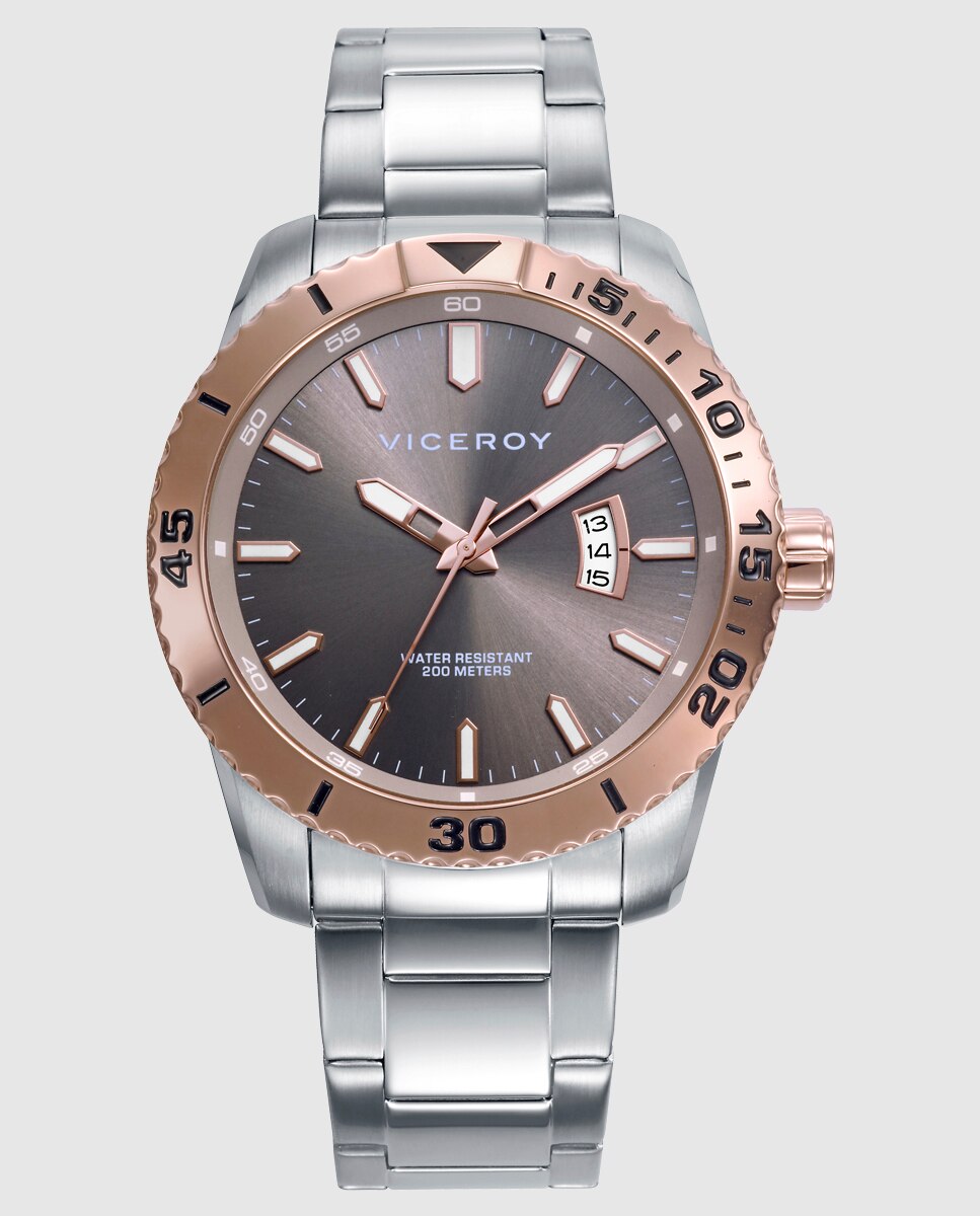 Relógio Analógico com Caixa Bicolor de Aço e Ip Rosa com Bracelete de Aço Prateado-1