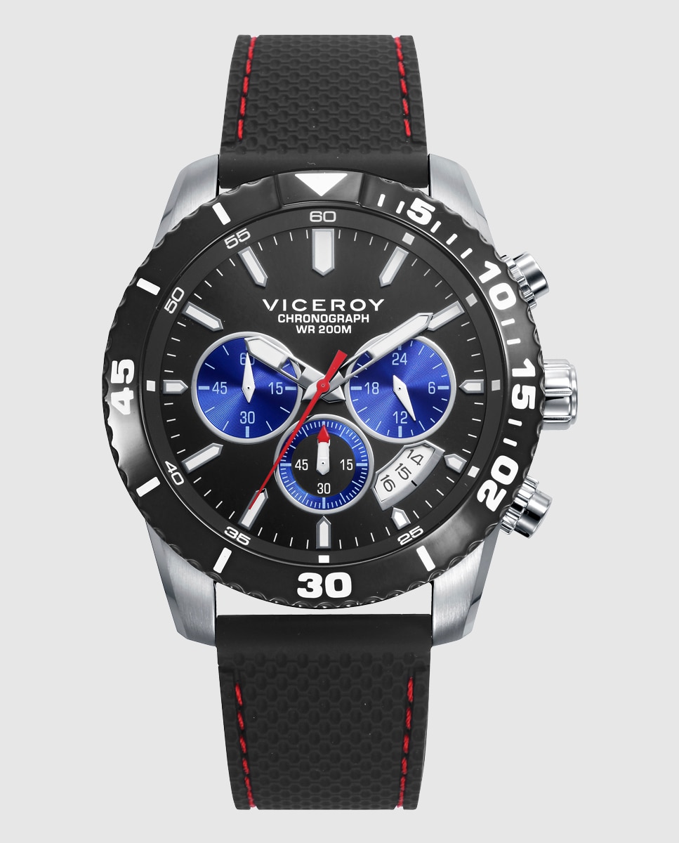 Relógio Analógico com Caixa Bicolor de Aço e Ip Preto com Bracelete de Silicone em Preto Preto / Azul-1